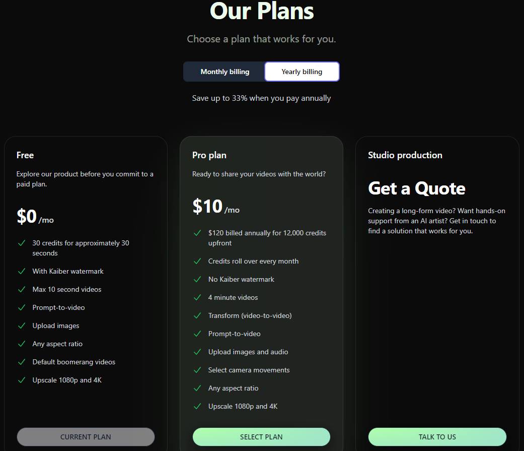 kaiber-pricing-plan Bảng giá và tài khoản Kaiber miễn phí